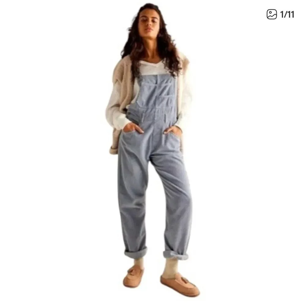 Free People Womens Ziggy baggy dusty blue corduroy overalls bibbs Spring Fall XS